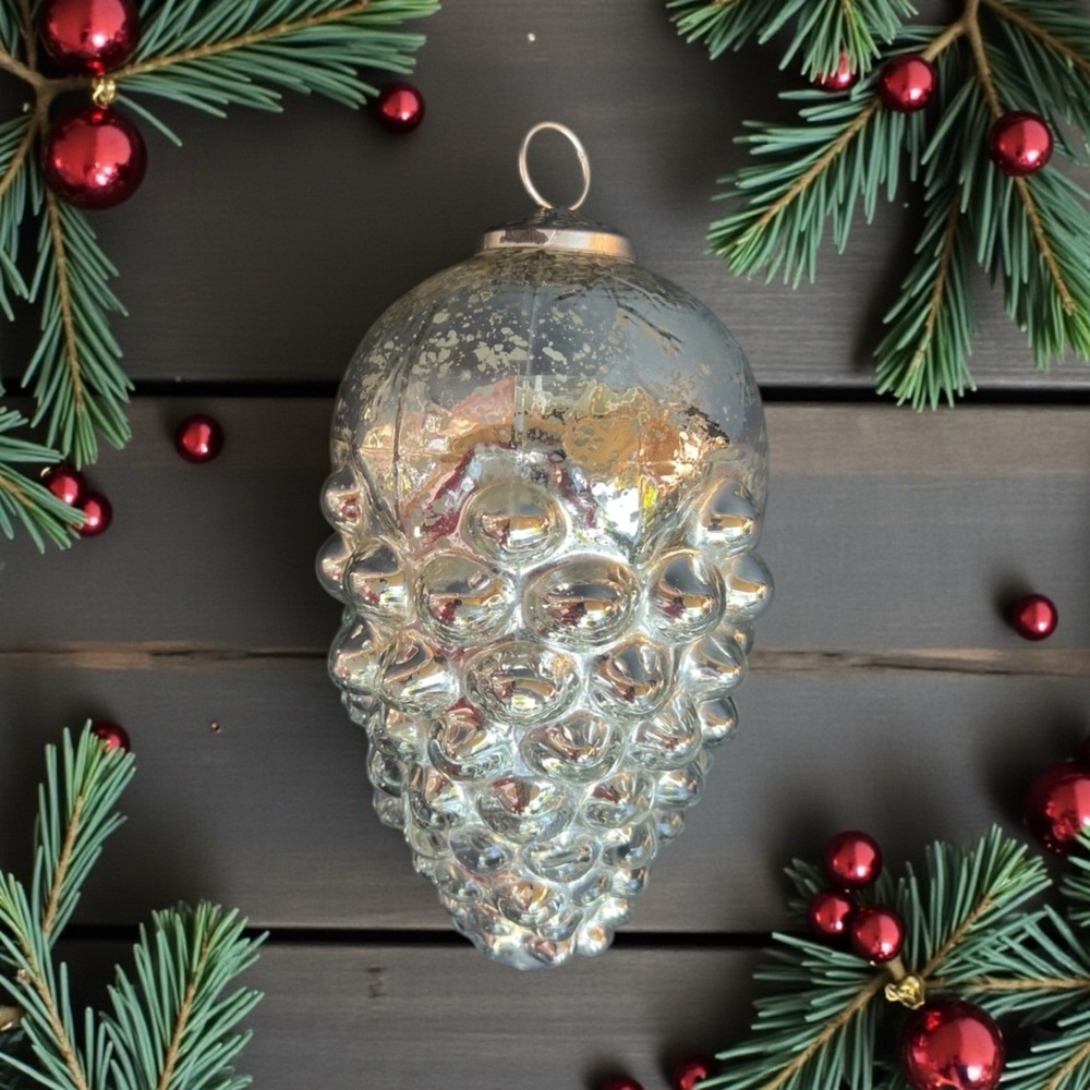 VTG MCM Silver Mercury Glass Grape Ornament Kugel Style Decor 9" Heavy 1.8 lb